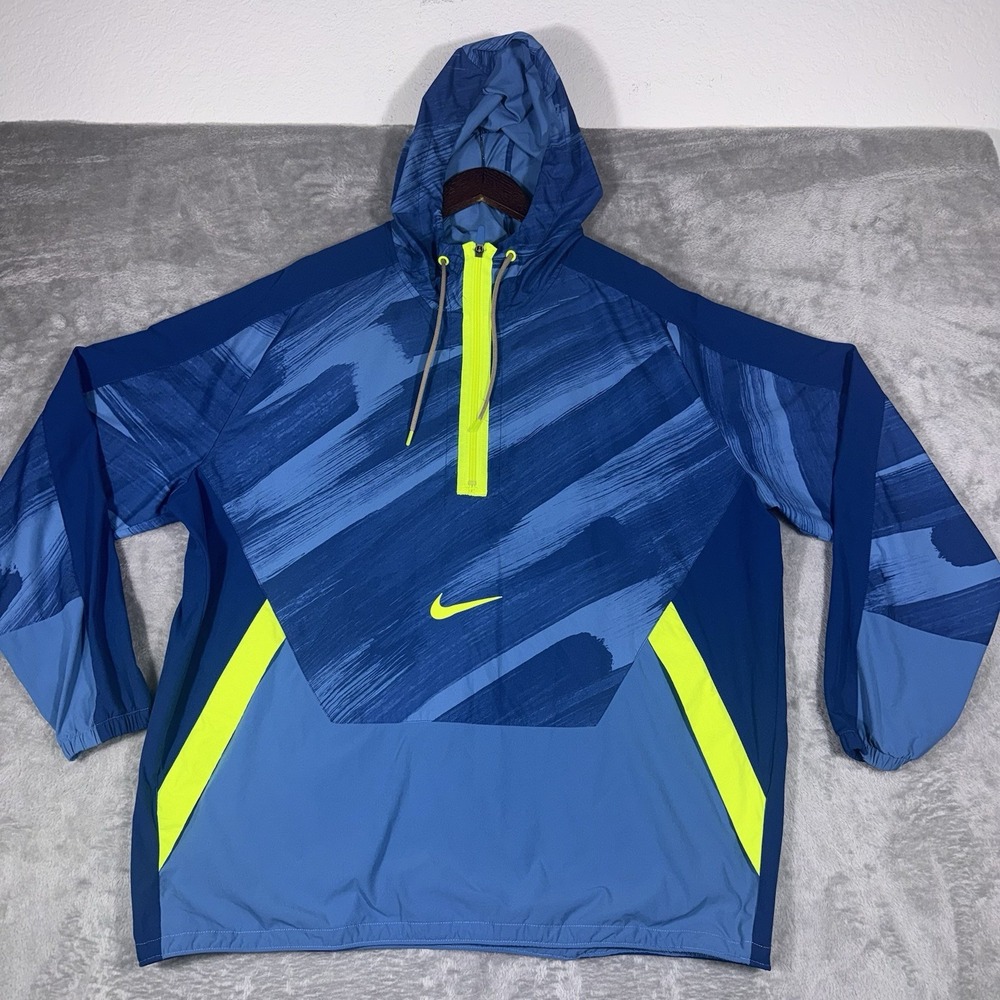 Nike Dri-fit Sport Clash Windrunner Mens Large Blue & Neon Yellow Hooded 1/2 Zip